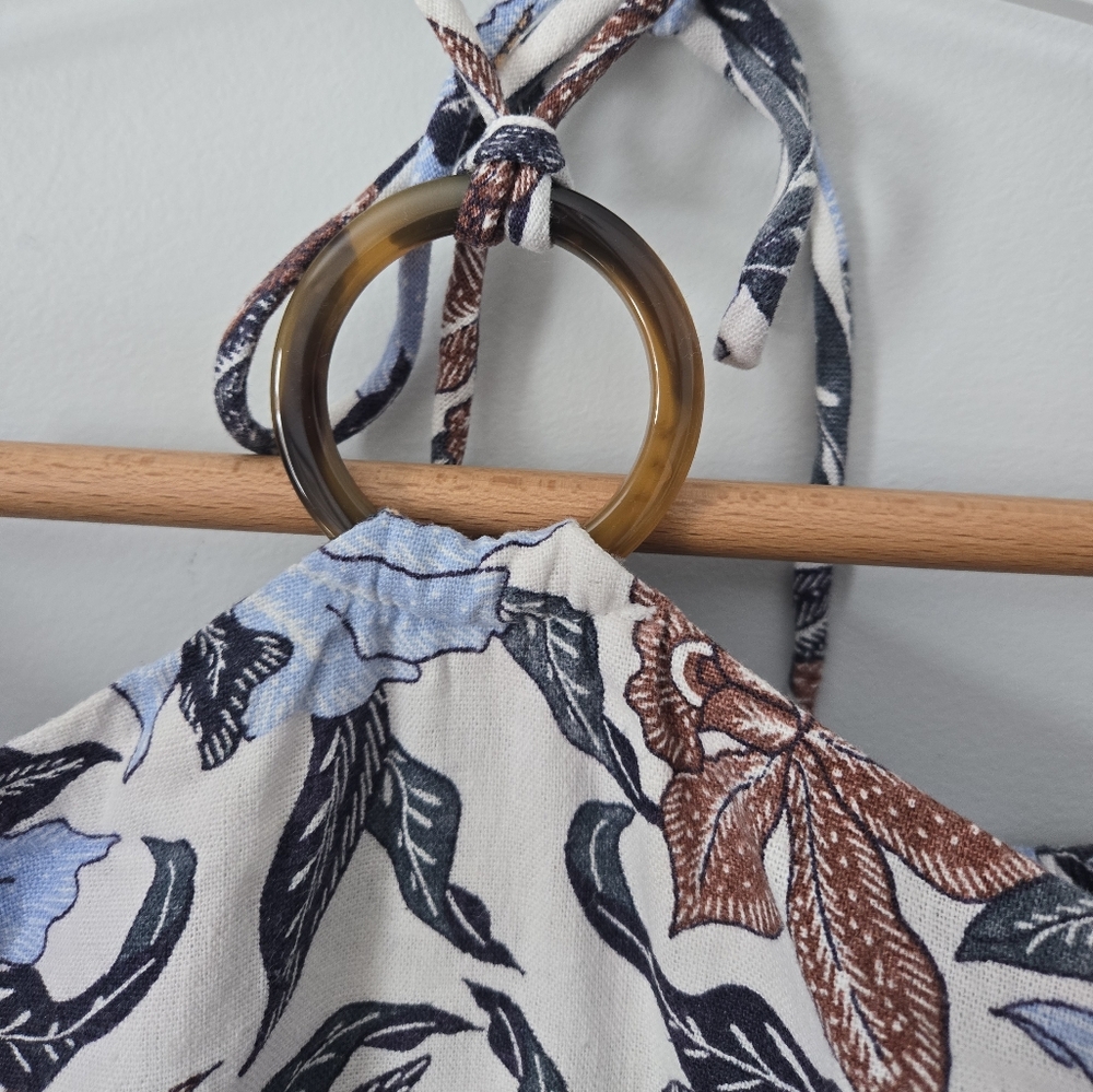 OLD NAVY Floral Halter Neck Blue Brown And White Linen Blend Romper - Picture 7 of 16